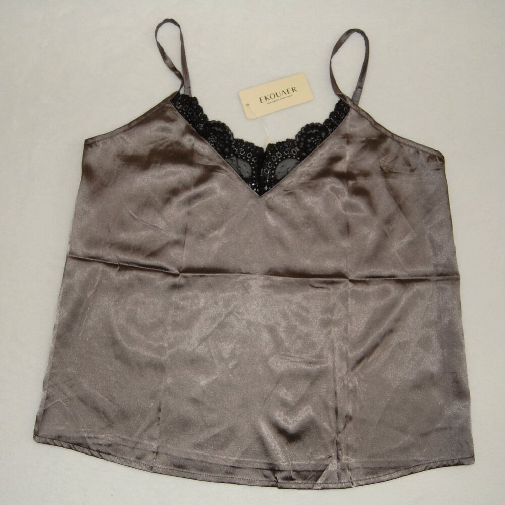 NWT Ekouaer Satin Silk Lace V-Neck Cami, Women Size M (Bust:38")